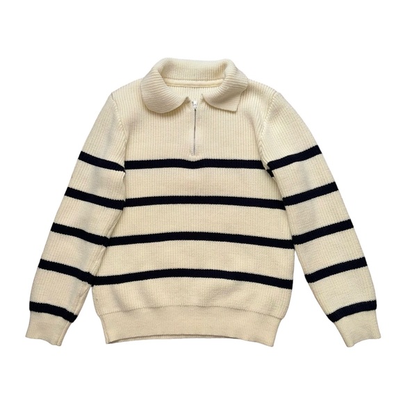 Dazy Quarter Zip Striped Polo Neck Sweater In Beige & Black - Picture 1 of 6